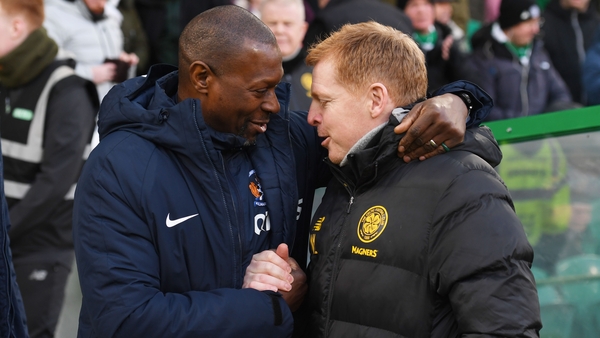 Kilmarnock manager Alex Dyer (left) with Neil Lennon in February