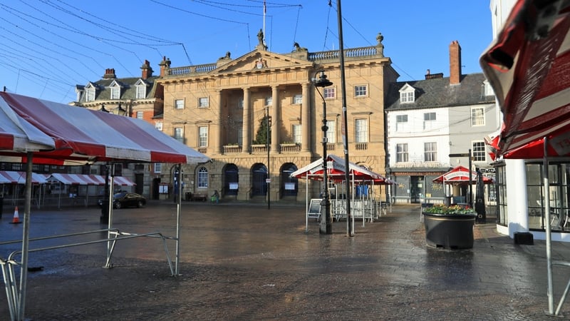 A market place lies empty in Nottinghamshire, England, today