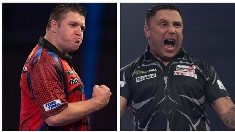 Daryl Gurney (l) takes on the Iceman Gerwyn Price