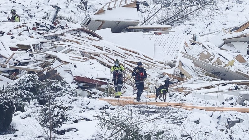 Rescue workers with a dog searching the landslide area in Ask, Norway today