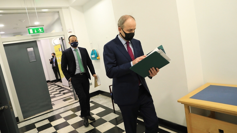Micheál Martin and Leo Varadkar arrive for this afternoon's media briefing