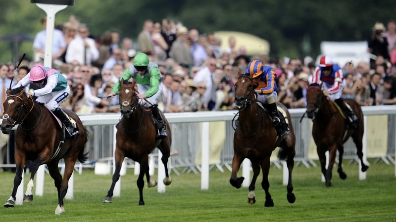 Zoffany (blue and orange silks) ran Frankel to three-quarters of a length in the 2011 St James's Palace Stakes