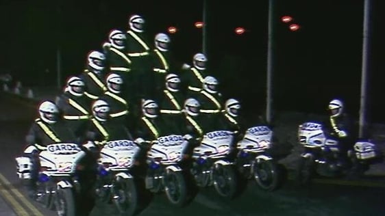 Members of the Garda Motorcycle Unit outside RTÉ Television Building, Montrose (1991)