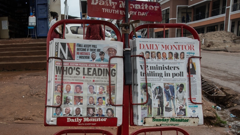 Front pages of newspapers covering the election in Uganda