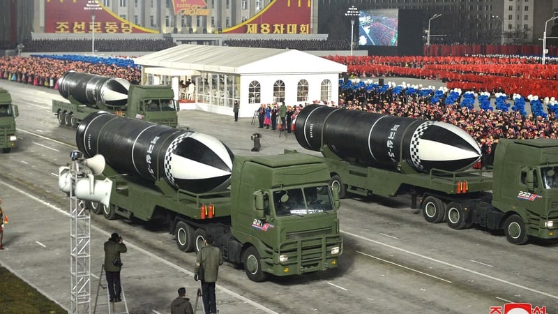 A photo released by the official North Korean Central News Agency shows a new type of submarine-launched ballistic missiles during a military display in Pyongyang