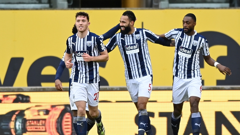 West Brom's Semi Ajayi celebrates with Ireland international Dara O'Shea and Kyle Bartley