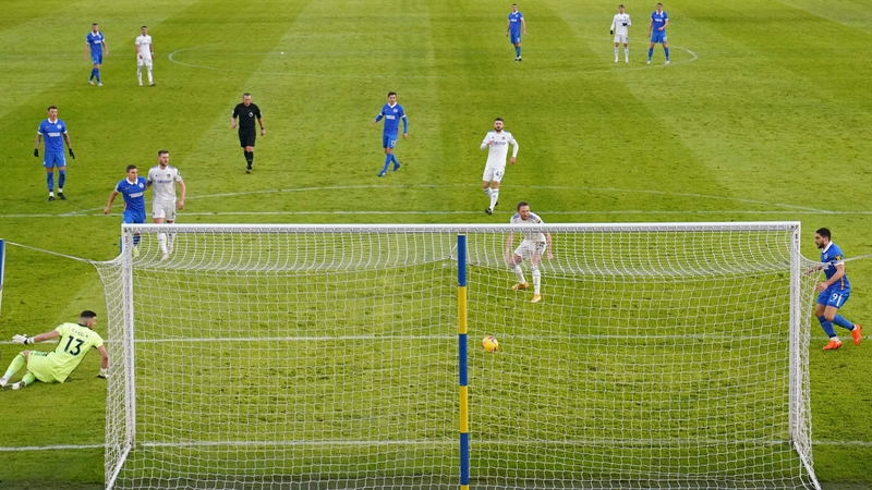 The ball is crossed to Brighton's striker Neal Maupay for the game's only goal