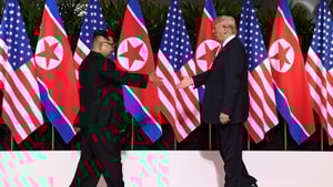 Donald Trump and North Korean leader Kim Jong Un meet in Singapore in June 2018. They were the first sitting leaders of their countries to meet, shake hands and negotiate to end a decades-old nuclear stand-off