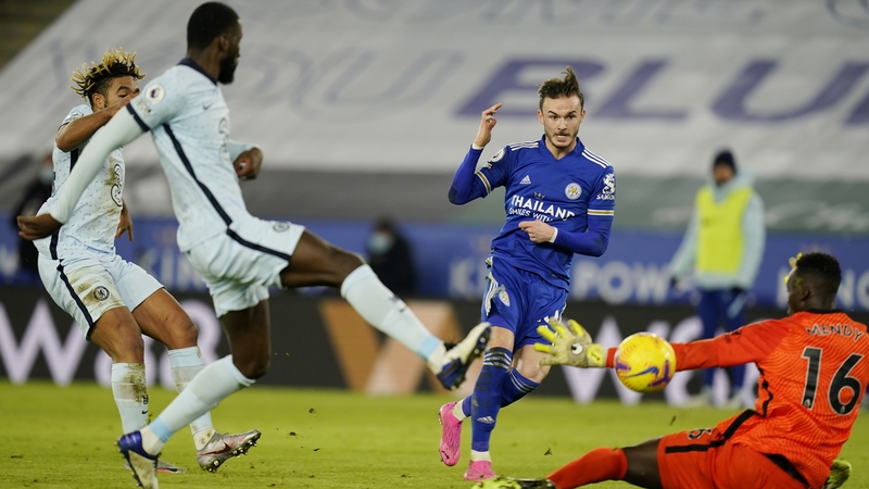 James Maddison scores Leicester's second goal on the night