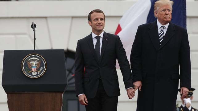 Presidential hand hold - Emmanunel Macron and Donald Trump pictured at the White House in April 2018