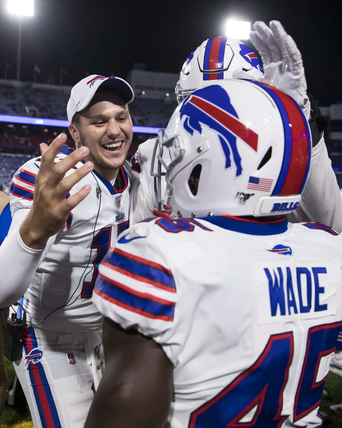 Josh Allen congratulates Christian Wade after his debut touchdown