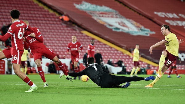 Ashley Barnes' first-half shot was well-stopped by Alisson