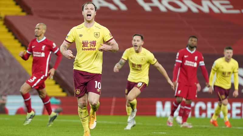Ashley Barnes celebrates after grabbing the only goal of the game in Anfield