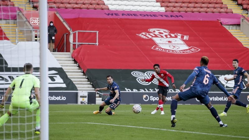 Gabriel deflects Kyle Walker-Peters shot into the net