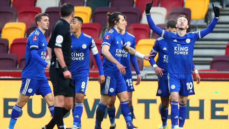 James Maddison celebrates scoring the Foxes' third goal at Brentford Community Stadium