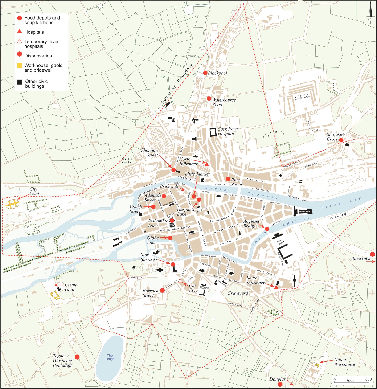Location of medical and relief facilities and burial grounds in Cork City during the Famine. Map taken from the Atlas of the Great Irish Famine edited by John Crowley, William J. Smyth and Mike Murphy