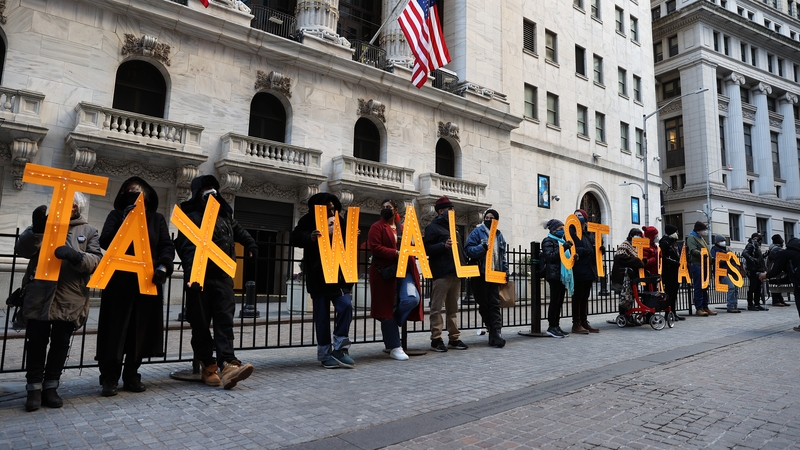 Demonstrators outside the New York Stock Exchange building to protest against Robinhood Market amid GameStop stock chaos