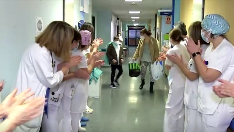 Medical personnel at the Mancha Centro hospital in Ciudad Real cheered when Mateo Roman was allowed to go home