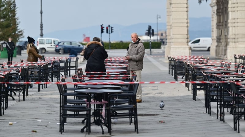 A terrace bar in Trieste is marked to allow for social distancing