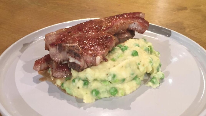 Paul Flynn's lamb chops with minty peas and mustard mash.