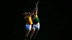 Antrim's Joe Maskey and Michael O'Leary of Kerry seem to exist in complete isolation from the rest of the players as they contest a high ball in the Joe McDonagh Cup final, with a place in the 2021 Leinster champions