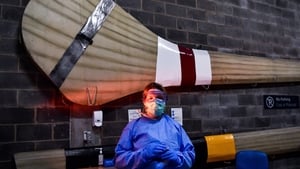 A surreal sight. Cúchulainn's exhibition hurleys provide an unusual backdrop in the Croke Park service tunnel for Kathryn Browne, a dentist by profession but a 'swabber' in protective equipment testing for Covid-19.