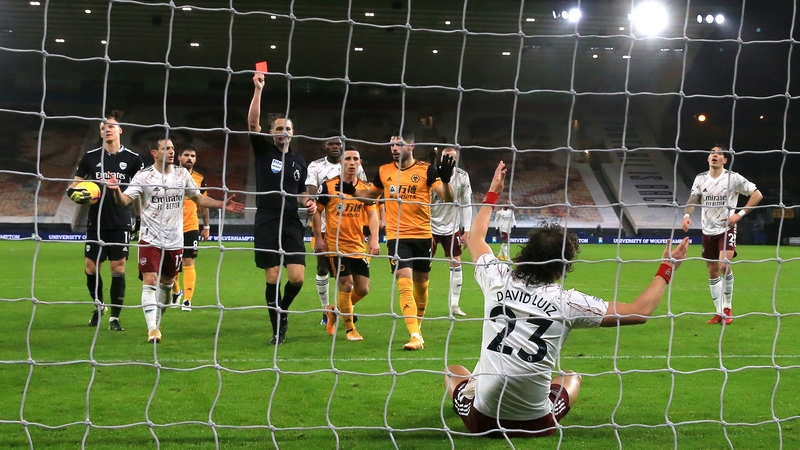David Luiz was red carded during Wolves 2-1 win over Arsenal