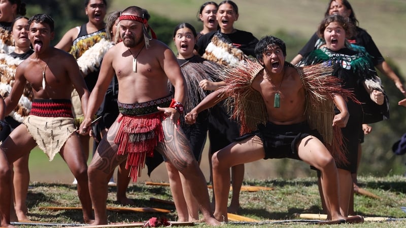 A group performs a haka during the commemorations at Ruapekapeka Pa