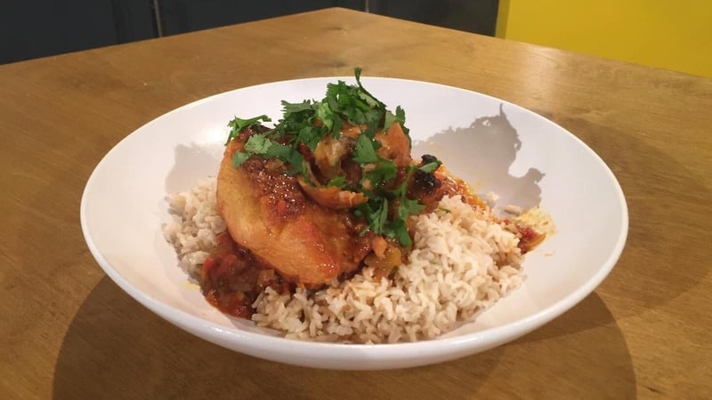 The chicken is deliciously moist, literally falls off the bone.