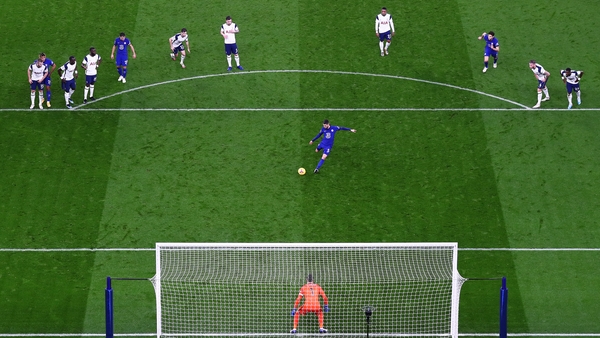 Chelsea's Jorghino puts a penalty away against Spurs in the Premier League in February 2021.
