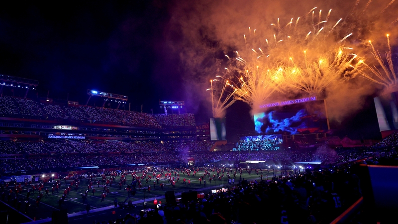 Fireworks mark the end of the Super Bowl half-time show by Canadian superstar The Weeknd