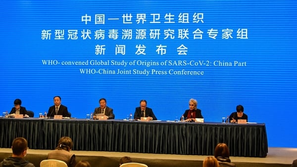 The WHO team attend a press conference at the end of its mission