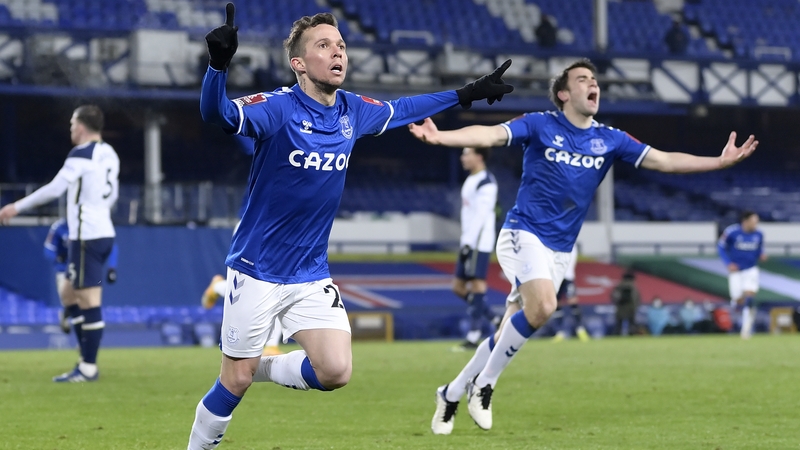 Bernard of Everton (L) celebrates his winning goal with Seamus Coleman