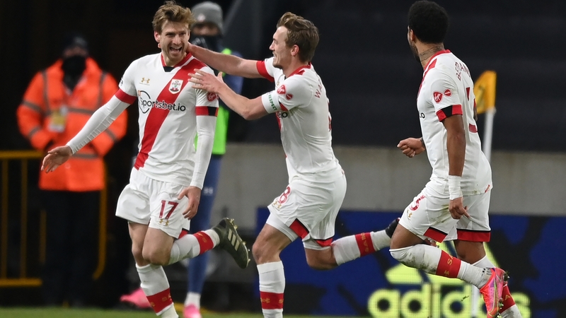 Southampton players celebrate after Stuart Armstrong's late goal sealed a 2-0 victory