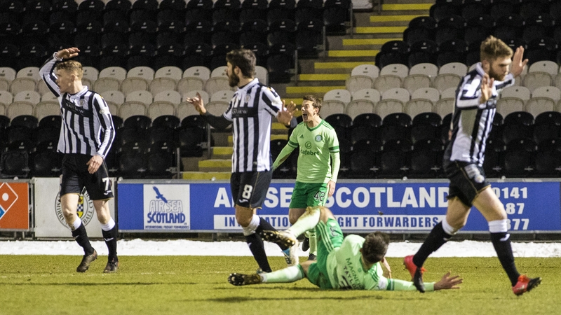 Celtic were awarded a penalty for a foul on Greg Taylor (pictured on the ground) against St Mirren