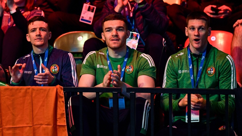 Brendan Irvine, Emmet Brennan, and George Bates at the Road to Tokyo European Boxing Olympic Qualifying Event in 2020
