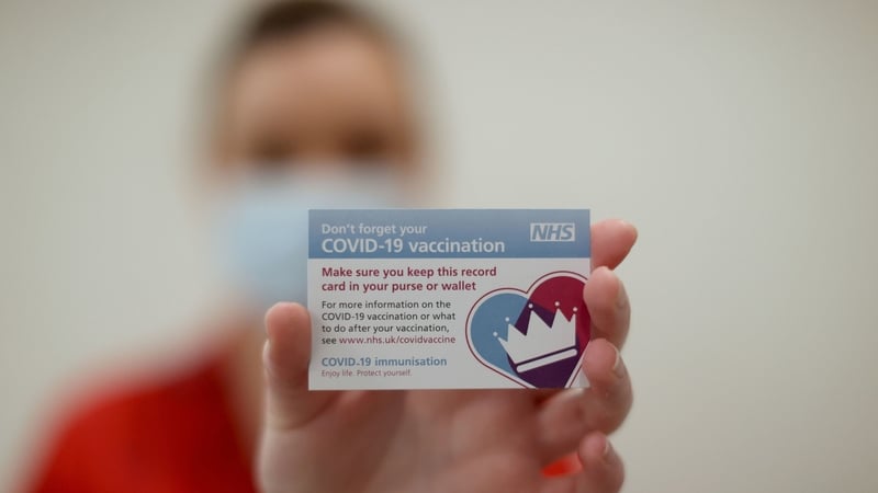 A Covid-19 vaccination record is displayed at the Royal Victoria Hospital, Belfast