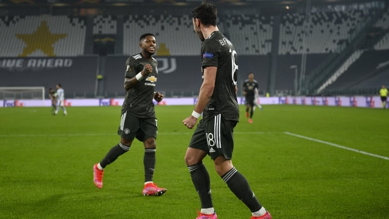 Bruno Fernandes celebrates his opening strike in Turin