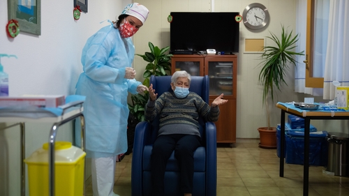 Lidia Navarro, 84, pictured after receiving a Pfizer/BioNTech dose at the start of the vaccine roll-out in Spain