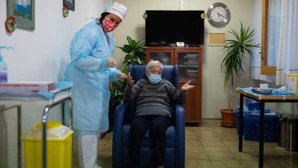 Lidia Navarro, 84, pictured after receiving a Pfizer/BioNTech dose at the start of the vaccine roll-out in Spain