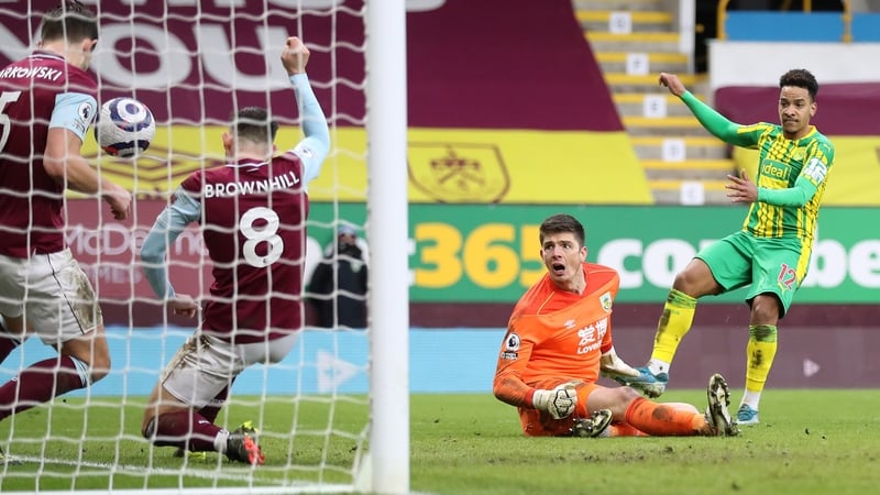 West Brom's Matheus Pereira of has a shot cleared off the line
