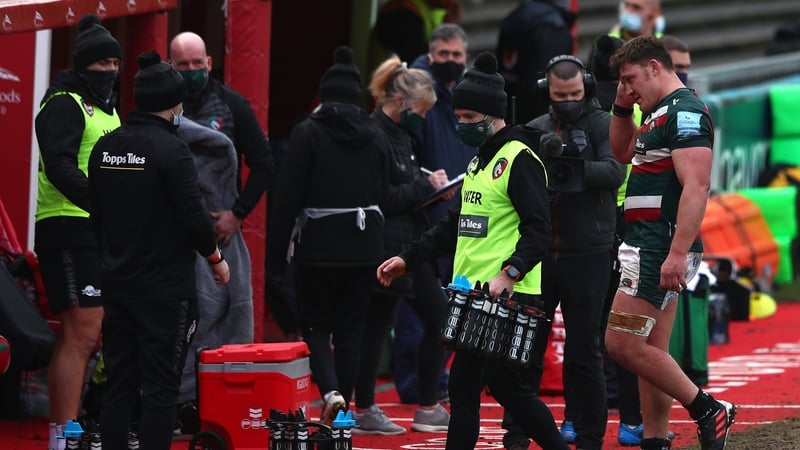 Leicester's Jasper Wiese after being dismissed by referee Craig Maxwell-Keys