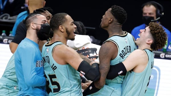 Terry Rozier celebrates with his team after hitting the game-winning three