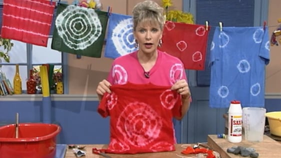 Mary Fitzgerald with tie dye t-shirts, 1991.