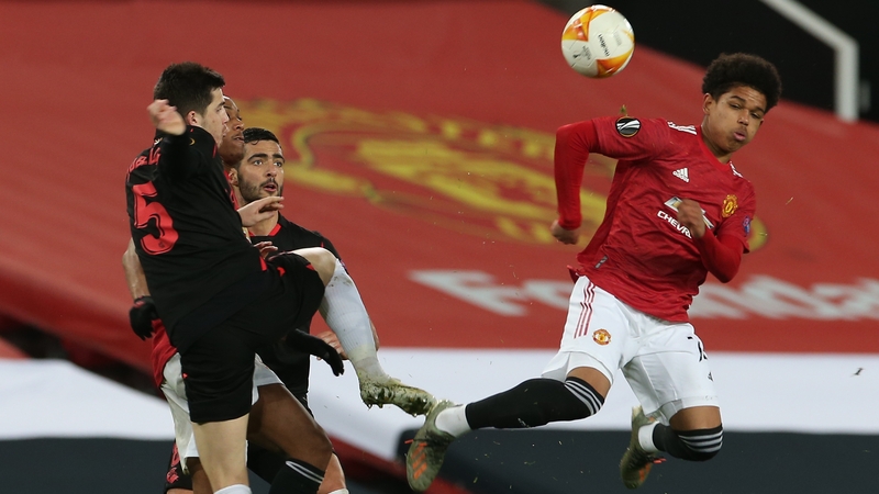 Teenager Shola Shoretire leaps highest against Real Sociedad at Old Trafford