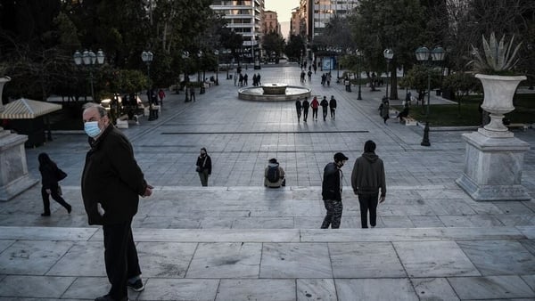 Few people in Syntagma Square - the central square in Athens - as the government extended lockdown measures