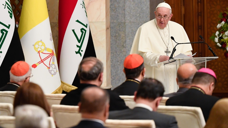 Pope Francis speaks during an official ceremony at the presidential Palace in Baghdad