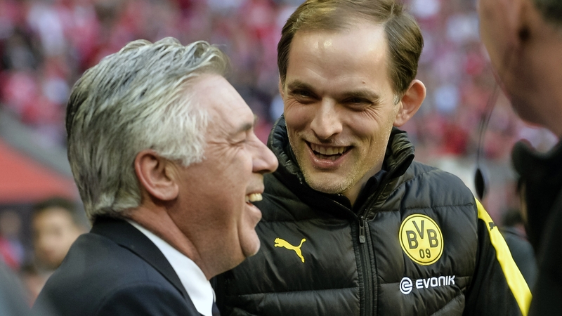 Carlo Ancelotti (L) and Thomas Tuchel pictured on the sidelines when they were both managing in the Bundesliga in 2017