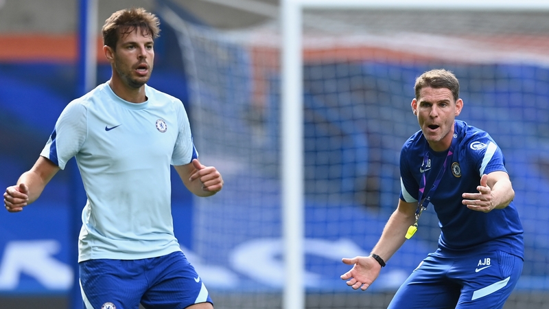 Anthony Barry (R) during a Chelsea training session at Stamford Bridge