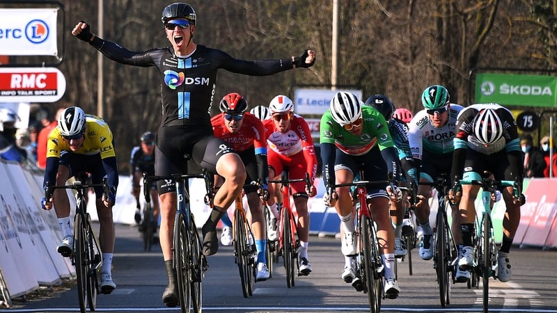 Sam Bennett in the leader's yellow jersey took fifth place in the second stage's sprint finish